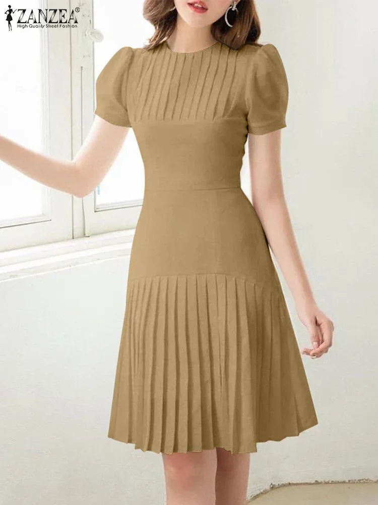Elegant Office Lady Dresses 2025 Summer Dress ZANZEA Women Elegant Short Puff Sleeve Pleated Party Vestidos Knee Length Robe - Golden Bridge Store