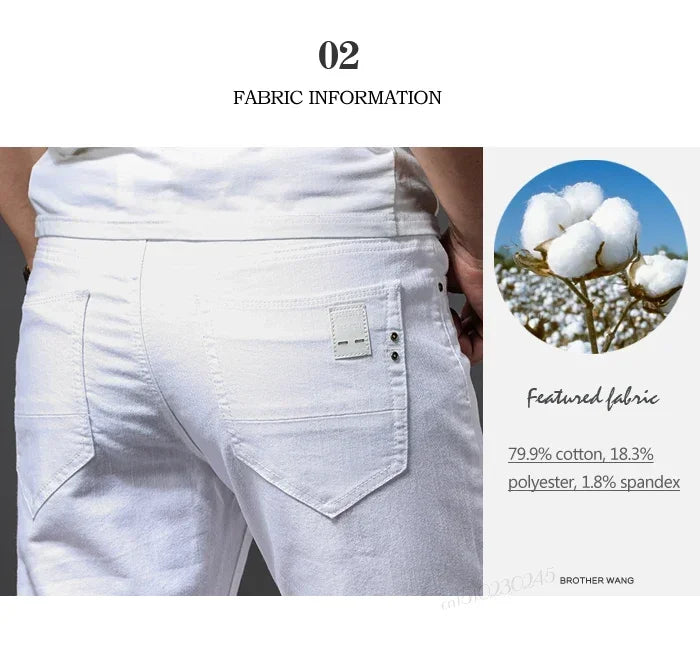 Four Seasons Men's White Jeans Fashion Casual Classic Style Slim Trousers Comfortable Soft Male Trendy Brand Stretch Pants