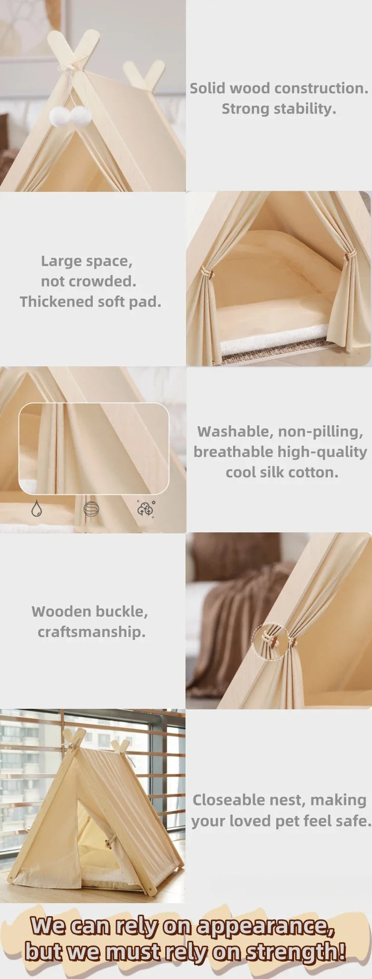 Pet Tent Nest Removable and Easy To Wash with Thick Soft and Comfortable Pad Warm Wooden Tent Bed Suitable for Cats and Dogs