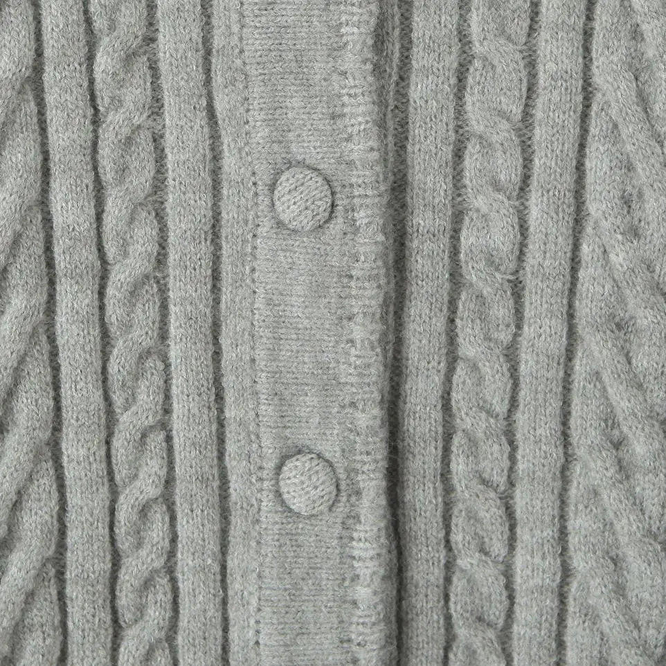 ZJOAN SHOWCN O-Neck Cardigan Set - Knopfverschluss Kurzrock Elastischer Bund Grau Khaki Größe Regular Extra-Heavy