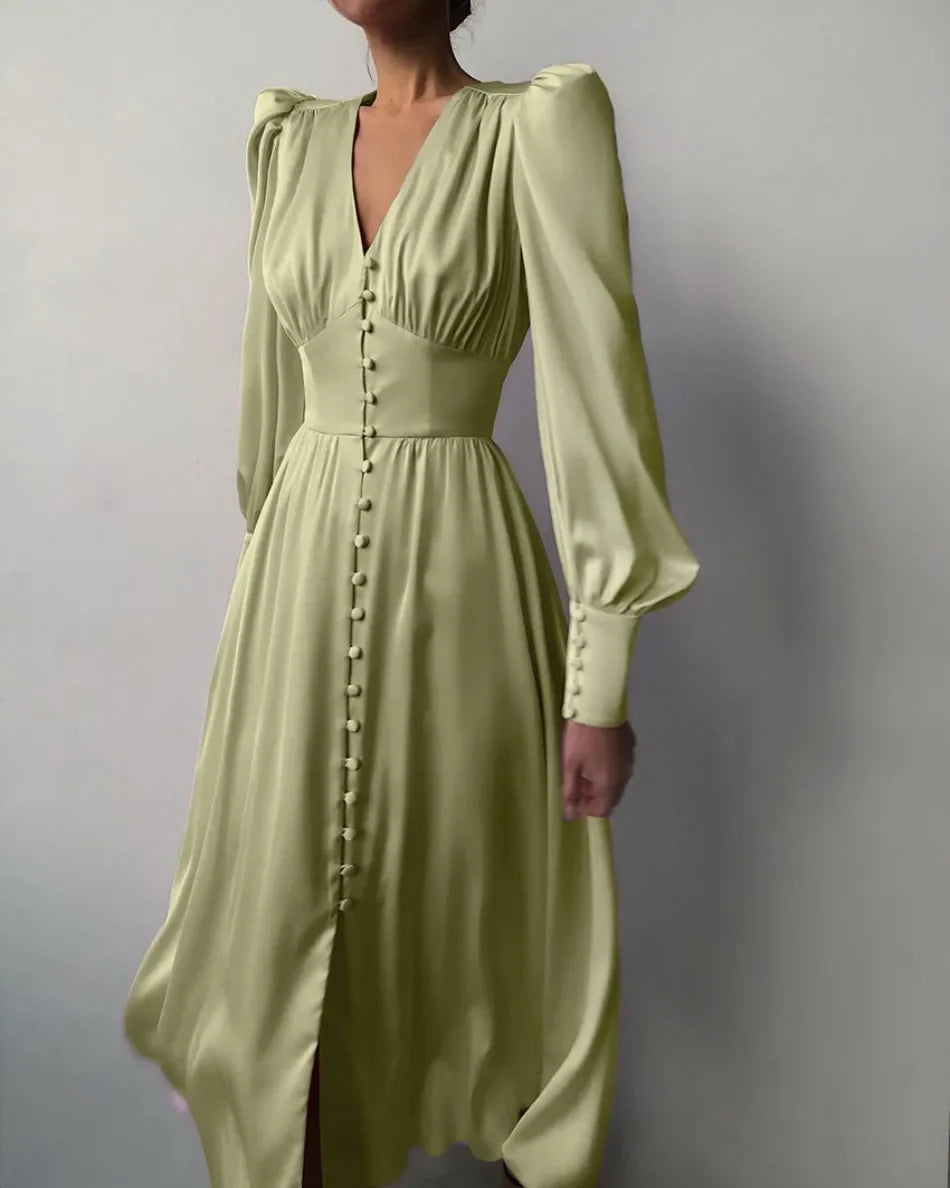 Elegante Mode Einreihig High Waist Satin Kleid - Midi Gr M