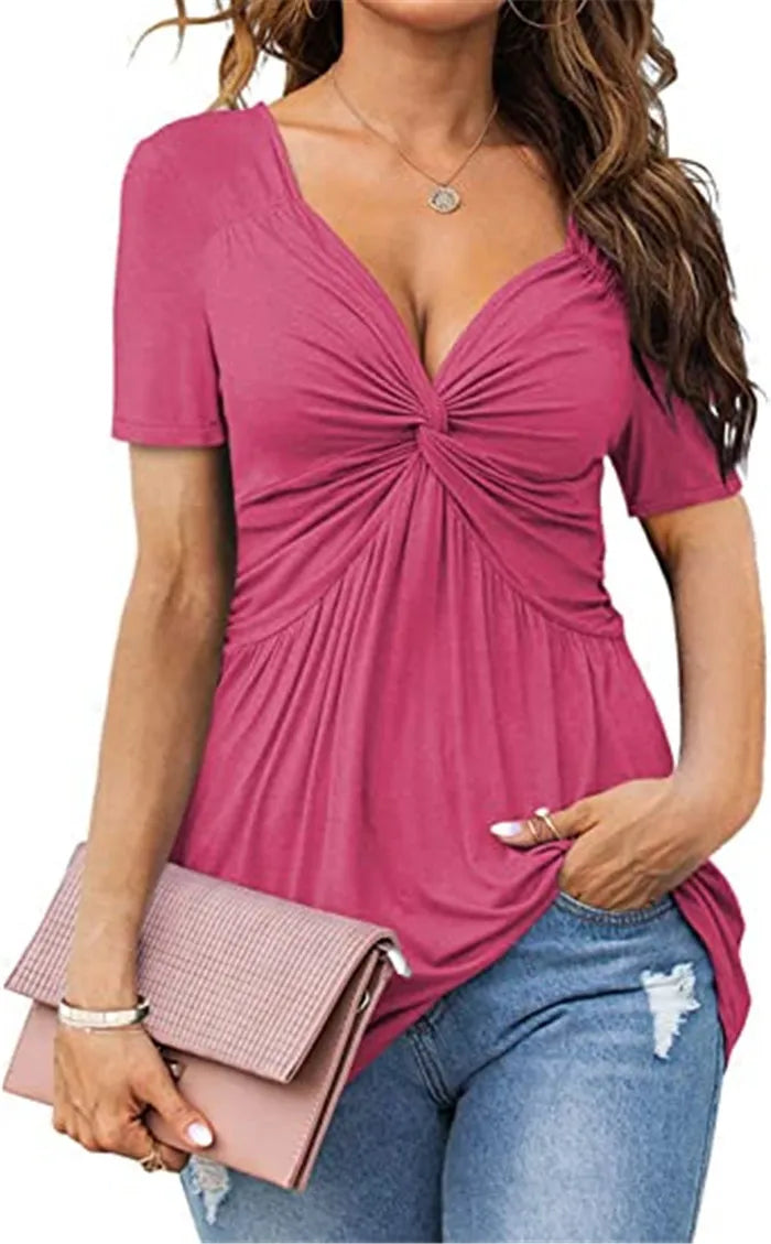 Women Tshirt Twisted V-Neck Short Sleeve Solid Color Sexy Office Lady Casual Slim 2025 Summer Fashion Tee Tops Femme Clothing