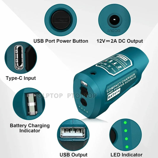 Încărcător portabil pentru Bosch 10.8V/12V Li-ion baterie adaptor USB cu USB și port DC tip C dispozitiv de încărcare mobilă