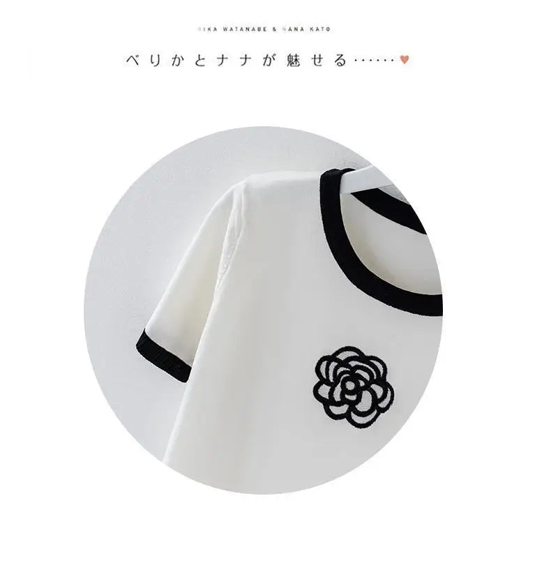 Knitted T Shirt for Women Summer Flower Embroidery Designer Luxury Clothes Slim Tops Women's Short Fashion Short Sleeve T-shirt