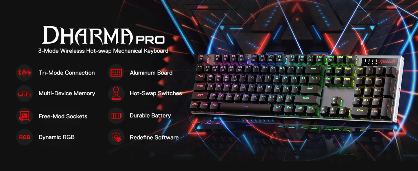 Gaming-Tastatur 2025: Redragon K556 PRO Wireless RGB BT/2.4GHz Mechanisch Hot-Swap Red Switch Collection