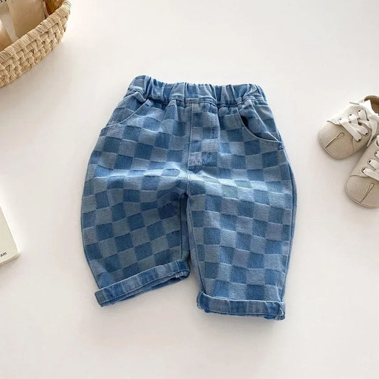 Children's Jeans 1-5Y New 2024 Autumn Boys Plaid Denim Pants Loose Style Mid Waist Girls Checkerboard Trousers - Golden Bridge Store