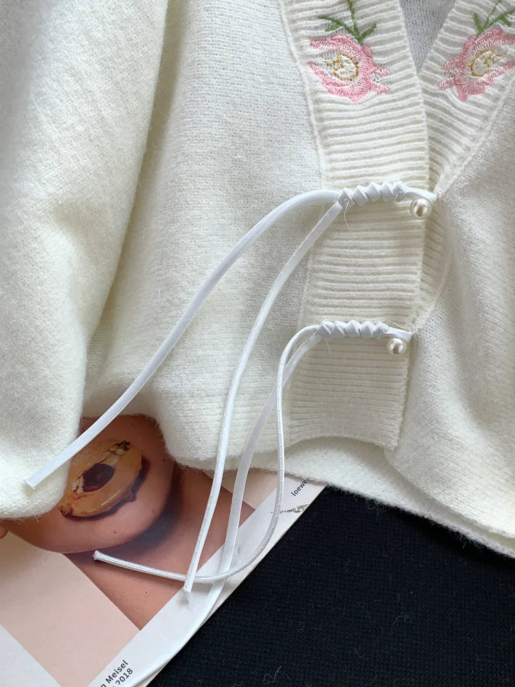 Cardigan BONNTEECN cu decolteu în V și broderie - Lungime scurtă 10-40 cm, Greutate material 120-220 g