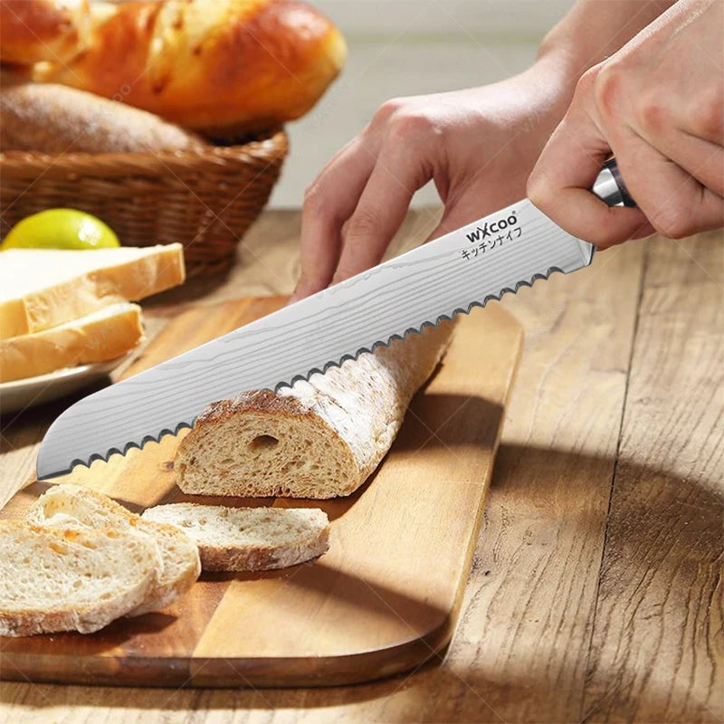WXCOO Professional Kitchen Chef Knife Damascus Steel Laser Pattern Santoku Knife Double Side Magnetic Kitchen Knife Block
