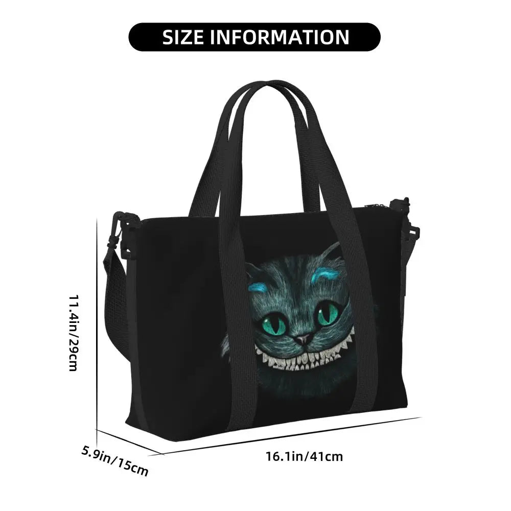Geantă de plajă personalizată cu pisica Cheshire pentru femei, cu compartiment mare pentru sală și plajă, We're All Mad Here Cat