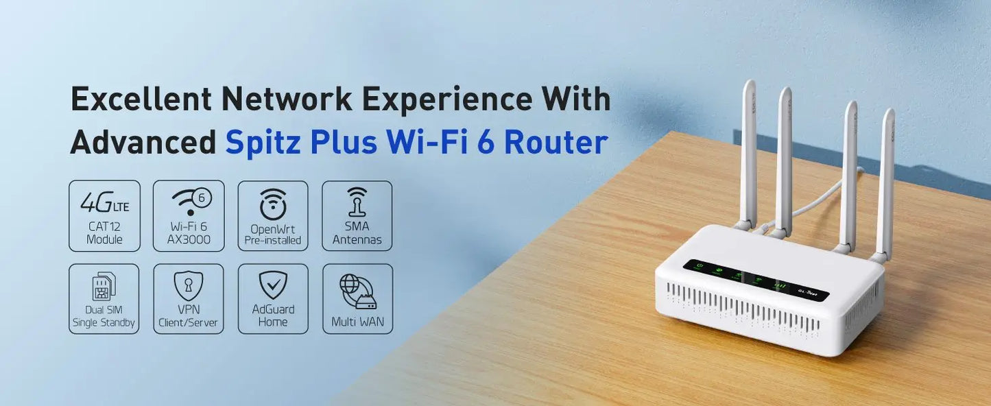 Profi-Router 2025 - GL.iNet Spitz Plus GL-X2000 4G LTE - Dual-SIM WiFi-6 OpenWrt Business-Router
