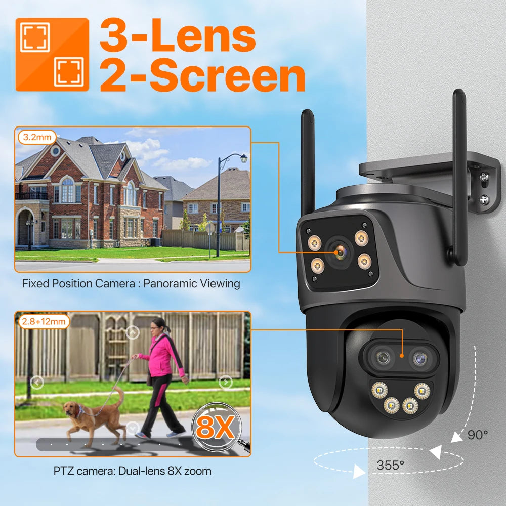 Dreilinsen-PTZ-IP-Kamera 6K HD Outdoor 8x Zoom WiFi Sicherheitskamera 4K 8MP Dual Screen Auto Tracking Wireless Video CCTV iCsee