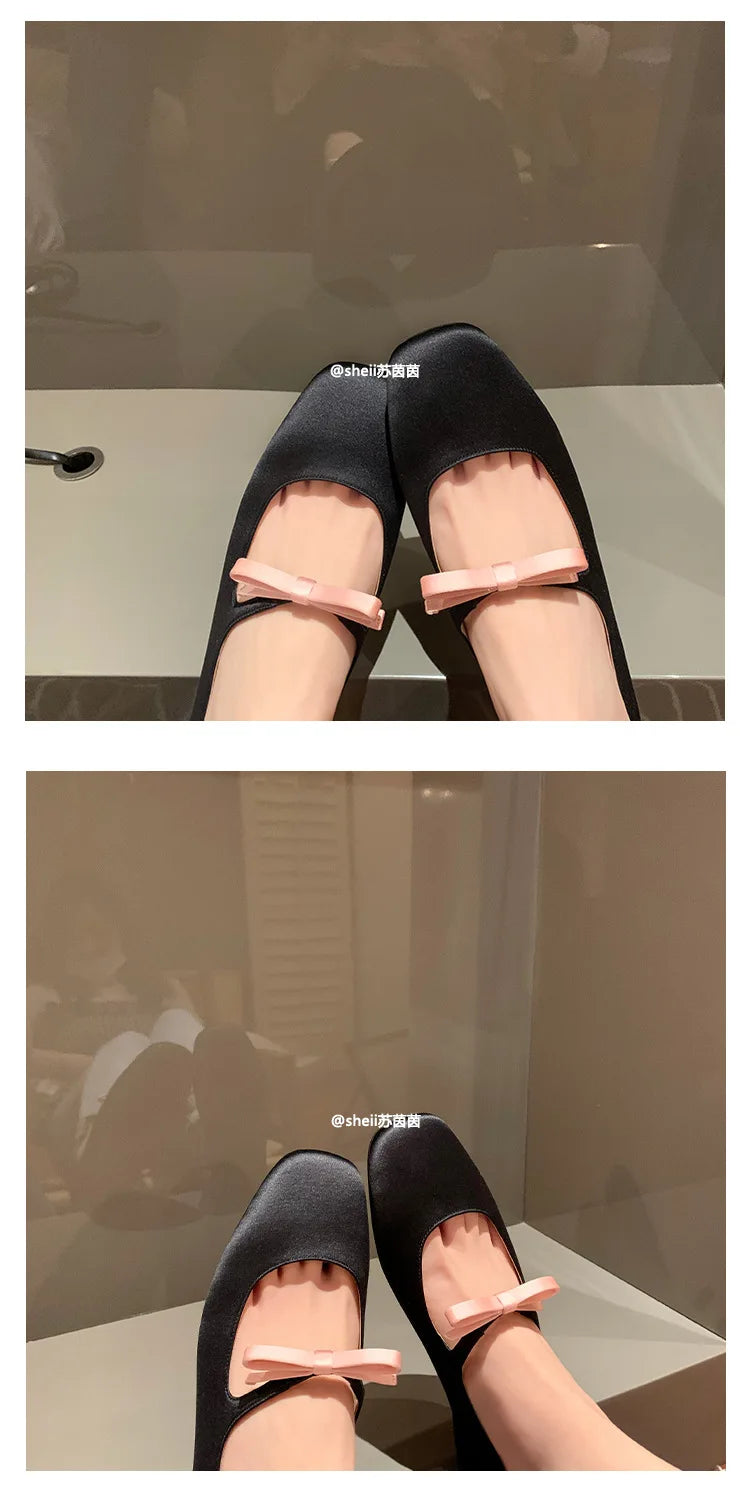 Ballet Falts Shoes for Women Bow Tie Elegant Women's Loafers Shoes with Low Heels Black Leather Mary Janes Desinger Shoes Ladies