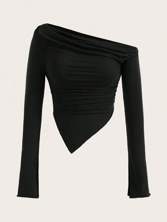 Tricou elegant cu mânecă lungă și un umăr, stil grunge, gotic, stil streetwear, elegant, elegant, stil streetwear