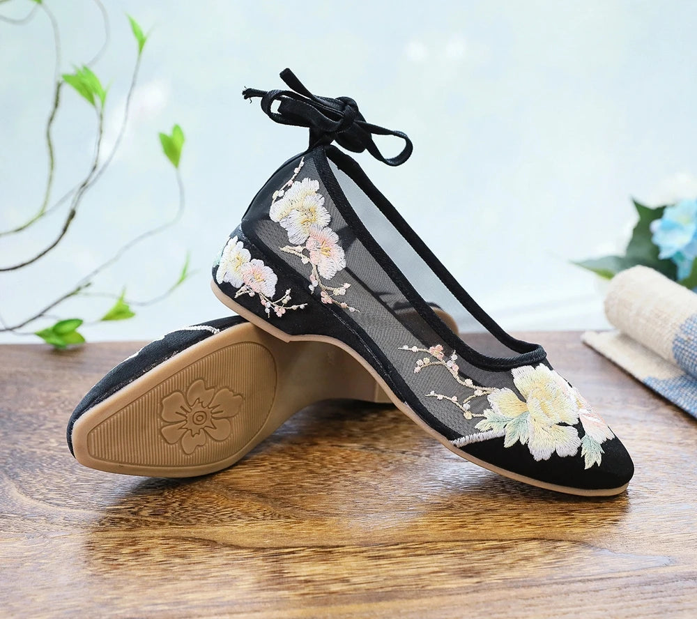 Ballerinas 2025: Veowalk Long Ankle Strap Summer Women Gauze Mesh - Embroidered Ballet Flats Breathable Comfortable Walking Shoes Elegant Lady Collection