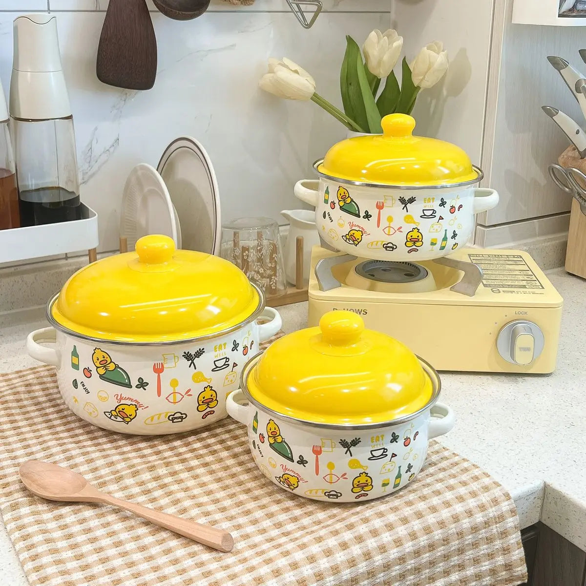 Kitchen Cookware Utensils Set 16/18/20CM Red Yellow and Green Enamelled Pots and Pans, 3-piece Set, Induction Cooktop, Open Fire - Golden Bridge Store