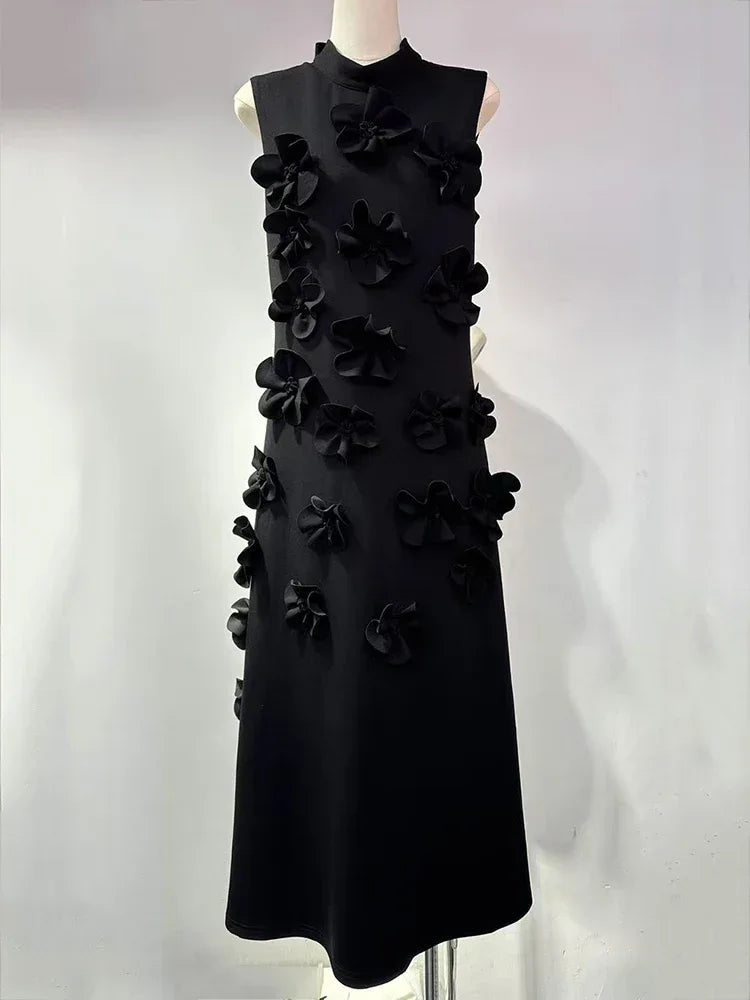 EWQ Elegant Female Evening Dress 3D Floral Design Stand Collar Sleeveless Temperament Women Slim Dresses 2025 Spring Red Robe - Golden Bridge Store