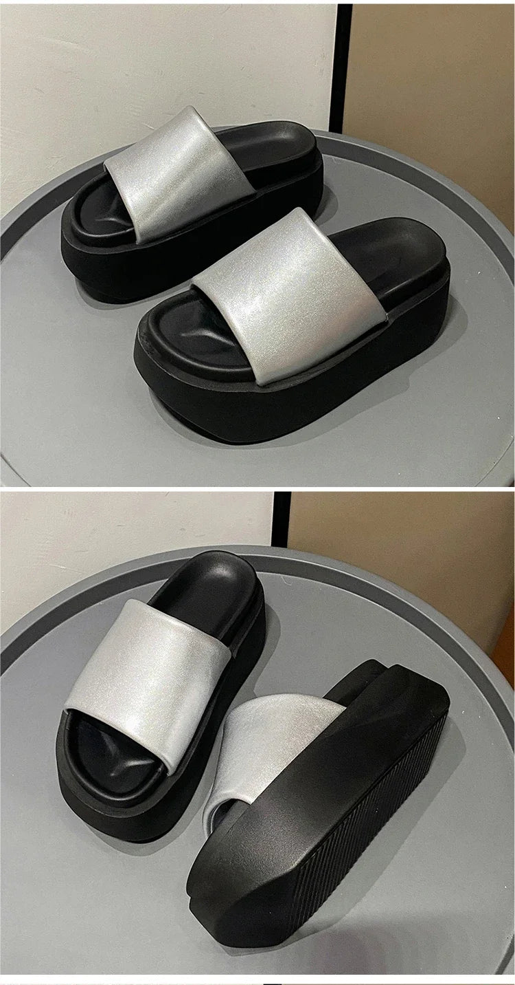 Summer Women Slippers Ladies Beach Flip-Flops Chunky Leather Shoes Wedges Heels Outside Sandals Woman High Platform Slippers 8CM