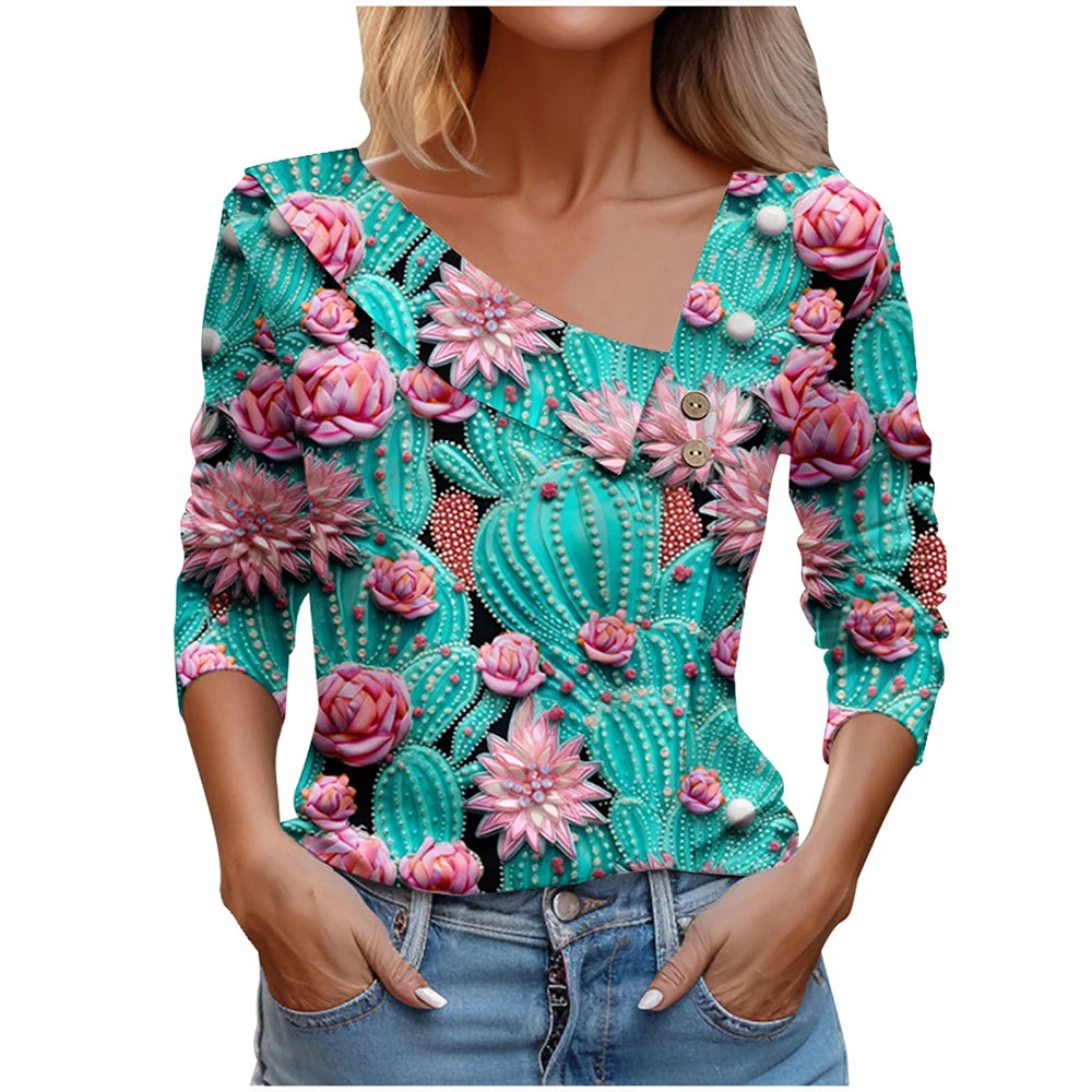 T Shirt For Women Fashion Long Sleeve Top White Floral Print Shirts And Blouses 3D Print Clothes For Women 2025 y2k