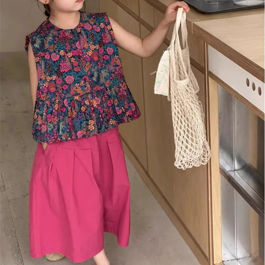 New Summer Infant Baby Girl 2PCS Clothes Set Cotton Floral Print Sleevelss T-shirt Suit Solid Soft Wide Leg Pant Kid Girl Outfit