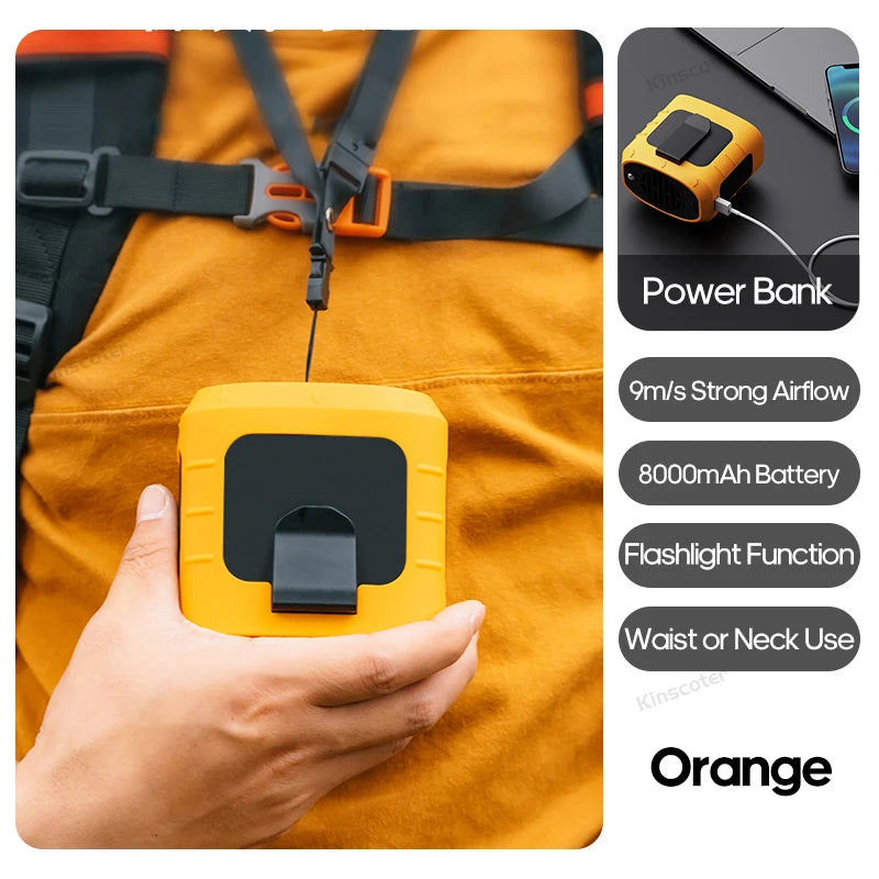 KINSCOTER Tragbarer Outdoor Hüft-Ventilator - 8000mAh LED Beleuchtung Multifunktional Nacken-Ventilator Power Bank
