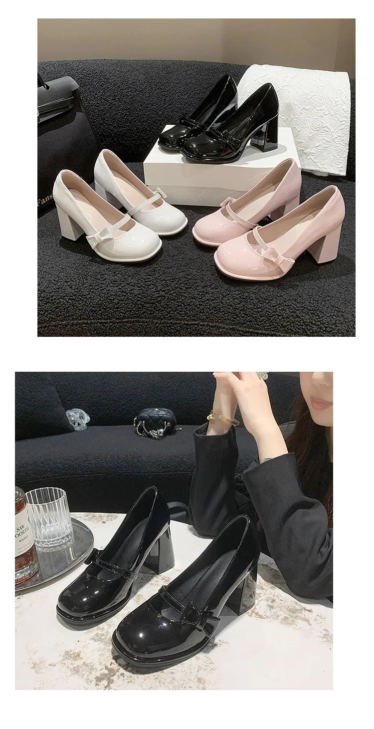 Elegant Heel Shoes Ladies 8cm High Heel Bowknot Solid Mary Jane Zapatos Adult Dress Pink White Black Cosplay Footwear