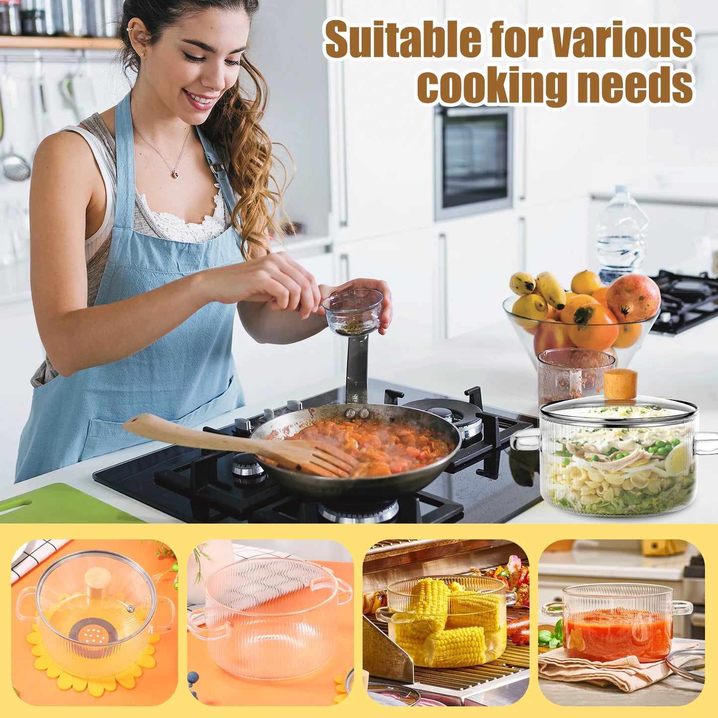 Transparent Soup Pot Heat Resistant High Borosilicate Glass Dual Handles Nonstick Glass Saucepan With Cover Kitchen Cooking Tool