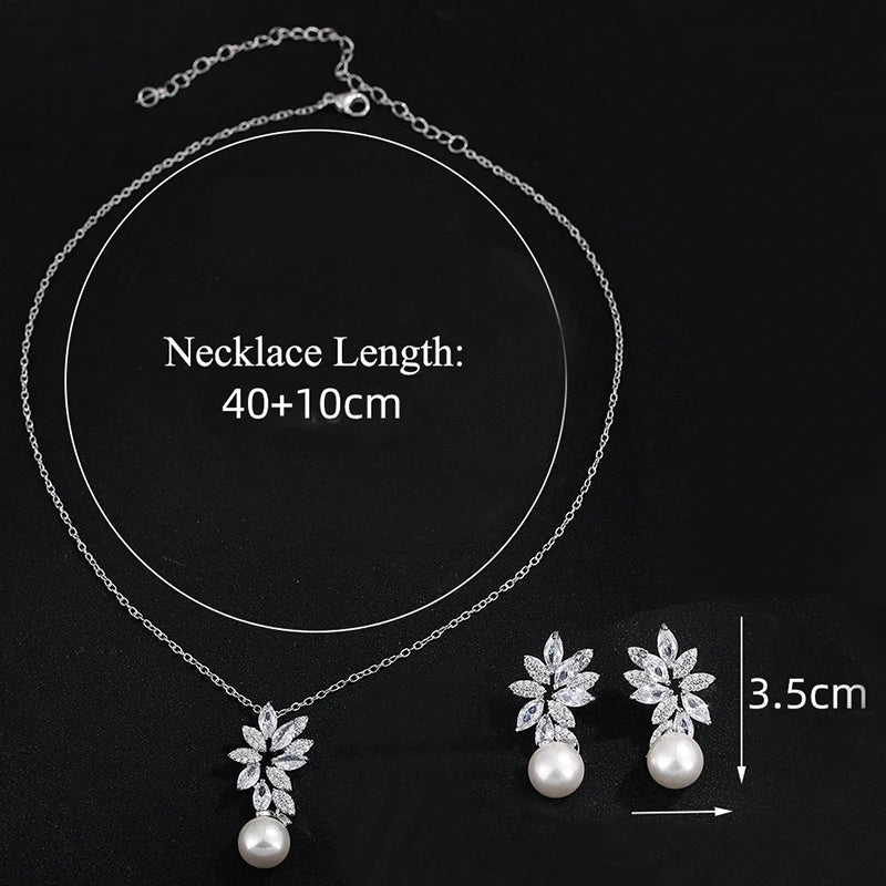 Luxus Silberfarbe AAA+ Cubic Zirkonia - Damen Große Perlen Halskette Anhänger und Ohrringe - Schmuck Sets Geschenk