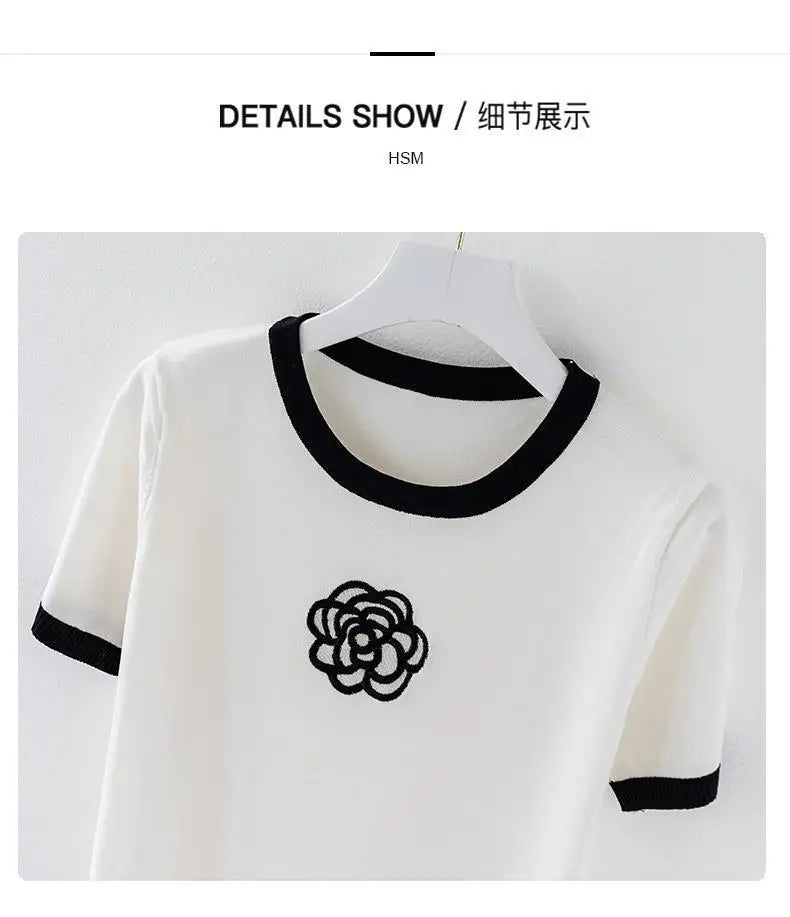 Knitted T Shirt for Women Summer Flower Embroidery Designer Luxury Clothes Slim Tops Women's Short Fashion Short Sleeve T-shirt
