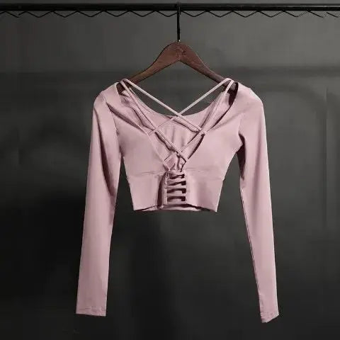 Women Yoga Shirts Workout Open Back Top Long Sleeve Crop Top Spring Autumn Gym Fitness Sportswear Cross Back Sports T-shirt 2025