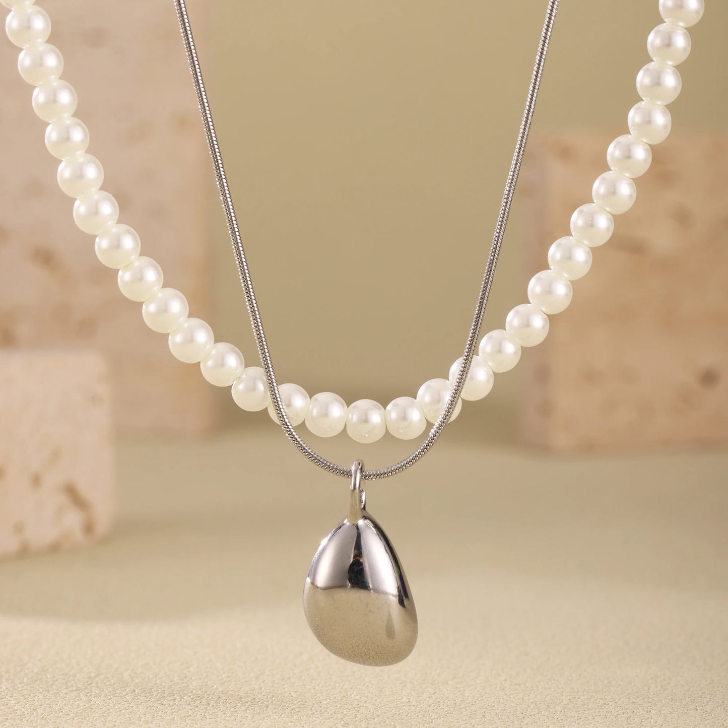 Gorgeous Necklace for Women White Pearl Beaded Gold Plated Chain Pendant Daily Charm Waterproof Jewelry Gift