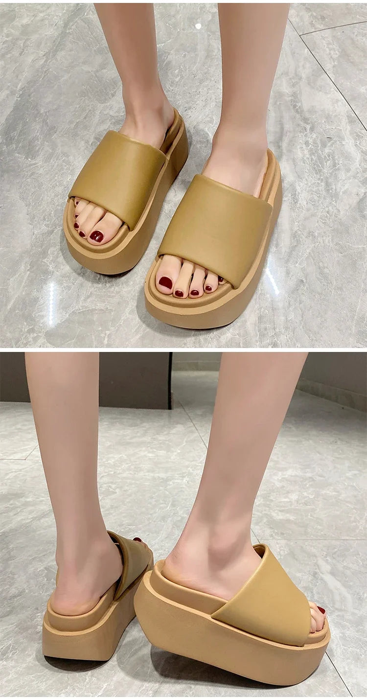 Summer Women Slippers Ladies Beach Flip-Flops Chunky Leather Shoes Wedges Heels Outside Sandals Woman High Platform Slippers 8CM