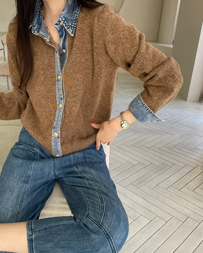 BigLargiCN Strickcardigan Herbst Denim Patchwork Damen Korean Stil - Gewicht 120–220 g/m² Länge Regular Lockere Passform