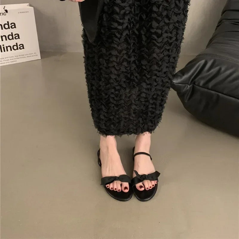 Flat Bottomed Slippers for Women Summer Bow Shaped Slimming Straight Strap Flat Sandals Women's Open Toed French Slippers Womens