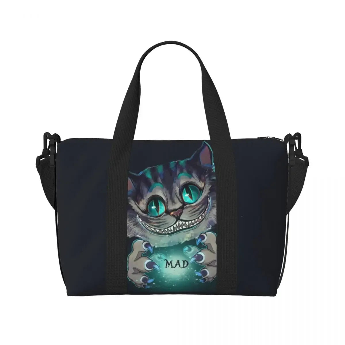Custom Cheshire Cat Beach Tote Bag for Women We're All Mad Here Cat Big Compartment Gym Beach Travel Bags - Golden Bridge Store