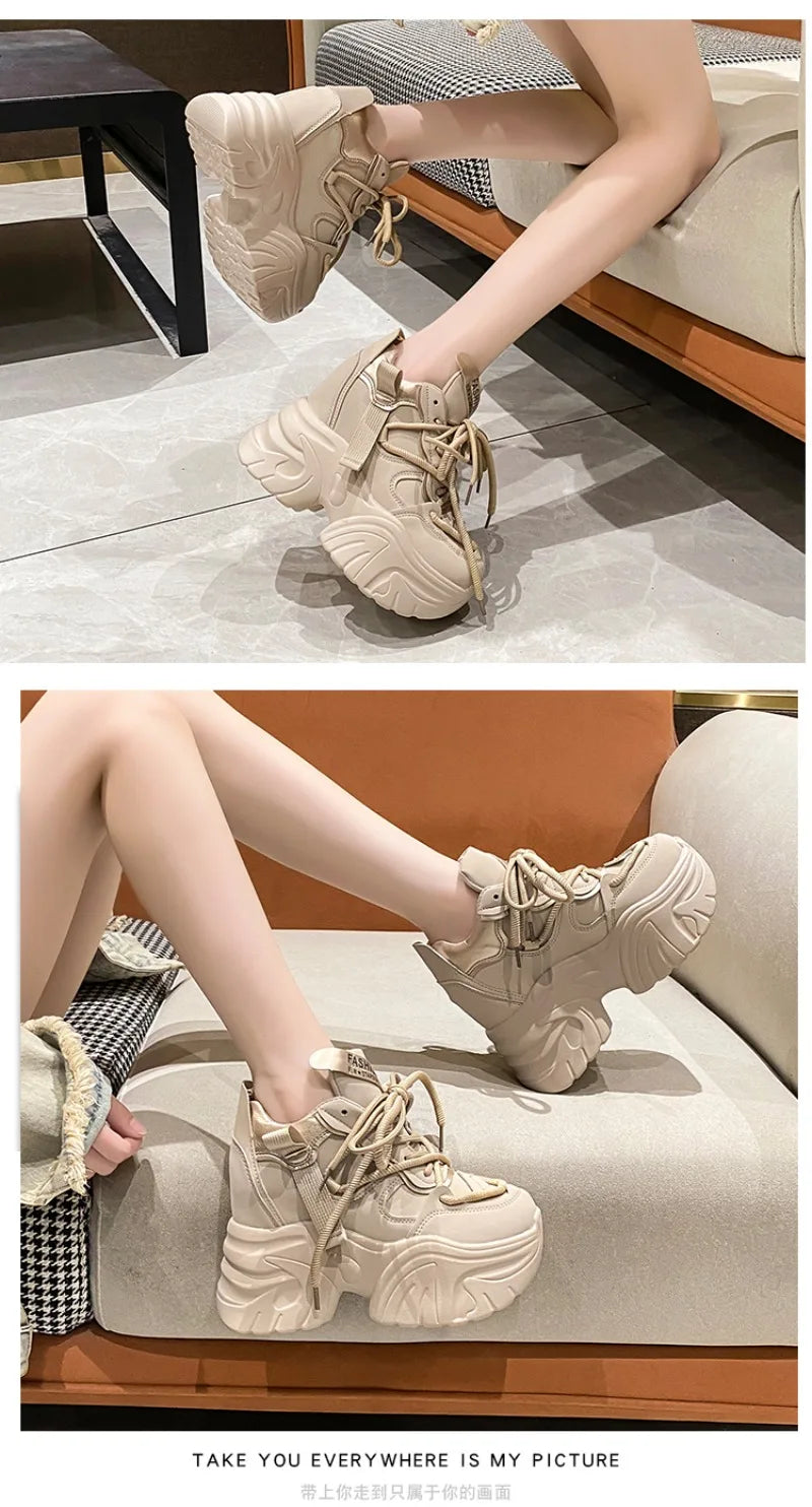 Women Walking Sneakers Autumn Lace-up High Platform Chunky Shoes Breathable Leather Shoes 10.5CM Winter Wedge Heels Casual Shoes