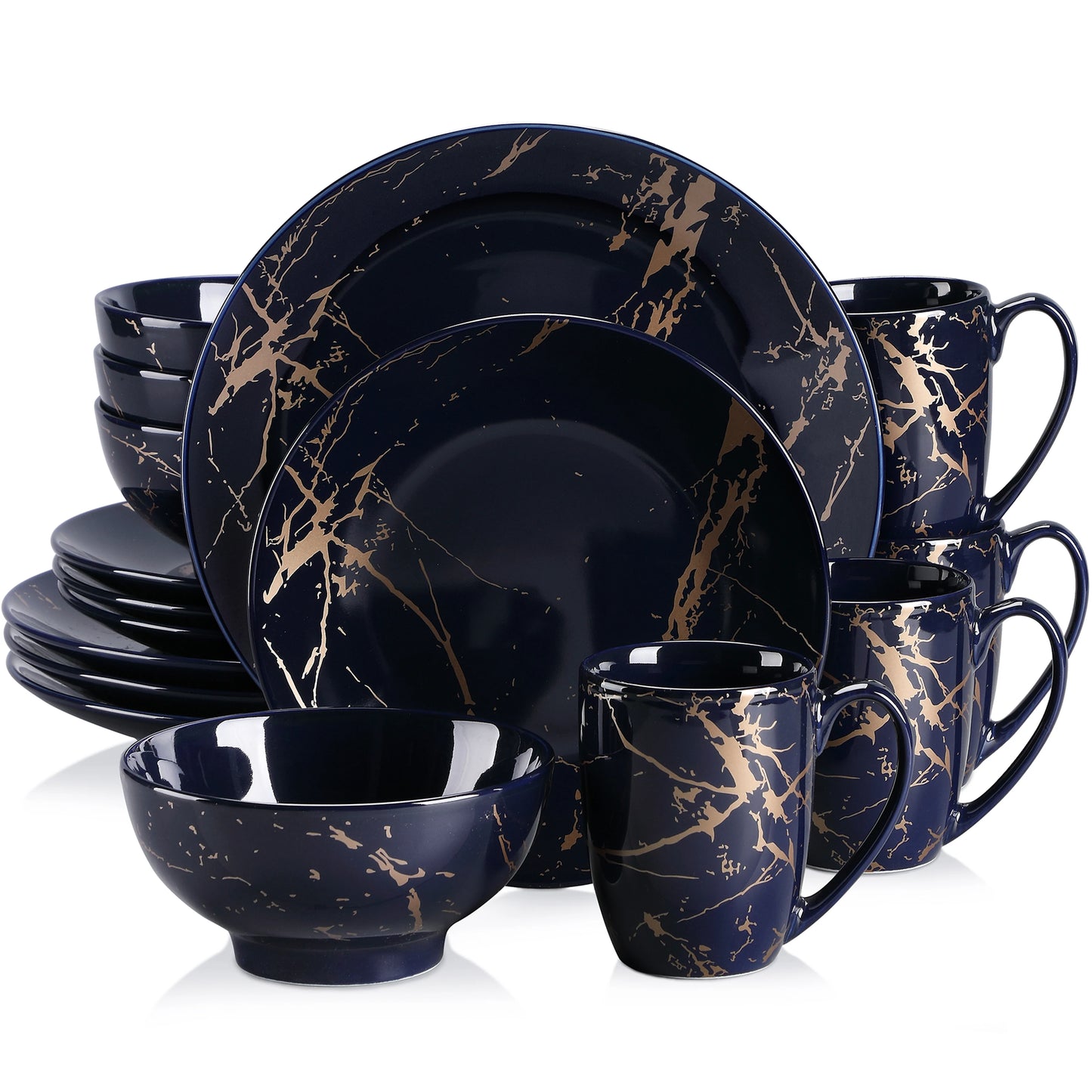 LOVECASA 16/32/48 Stück schwarzes blaues Porzellan-Dinnerware-Set, Design von Gold Splash, mit Dinner-Plate, Cake-plate, Bowls, Coffee Cups