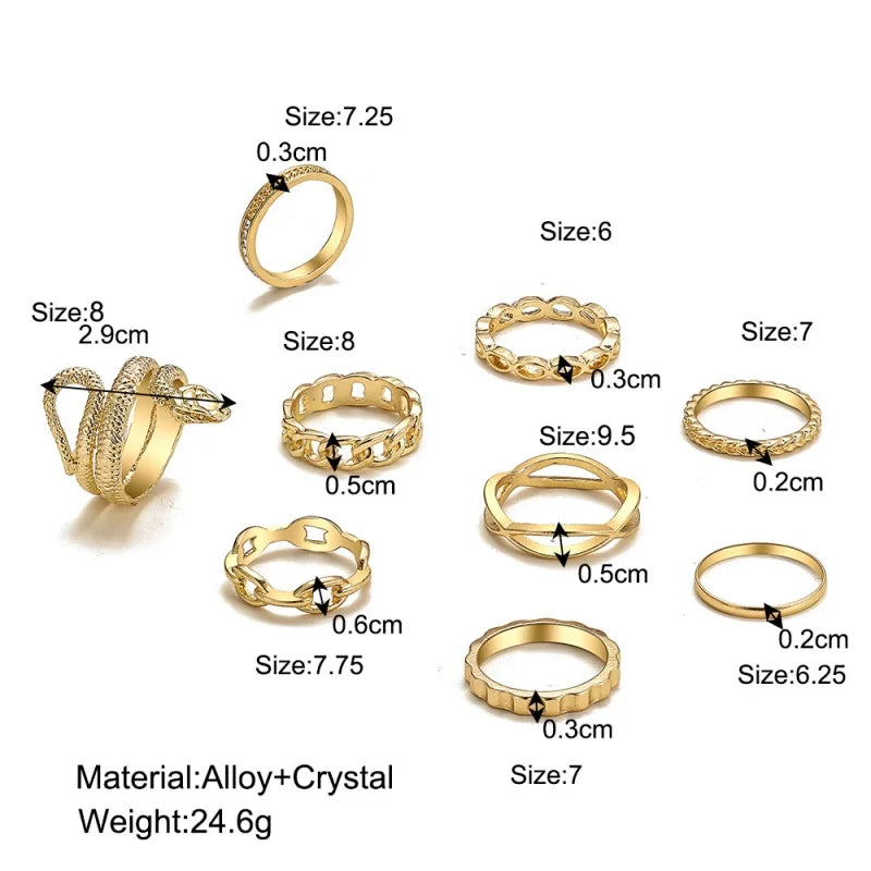 Zhejiang Schlange Ring Set Boho - 9 Stück Gold Offen