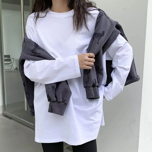 White Women T-shirt Round Neck Loose Long Sleeve Two Side Split Tee Shirt Pullover Spring Autumn Casual Loose t shirt Oversize - Golden Bridge Store