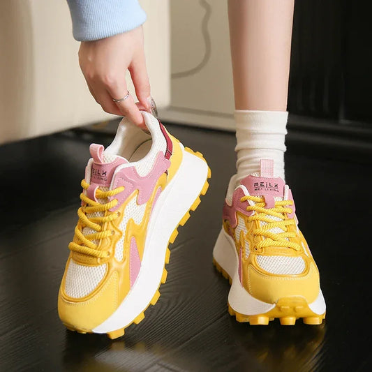 Women‘s Trendy Color-blocked Brand Design Thick-soled Sneakers 2024 Spring and autumn New Lace-up Mesh Breathable Tennis Shoes - Golden Bridge Store
