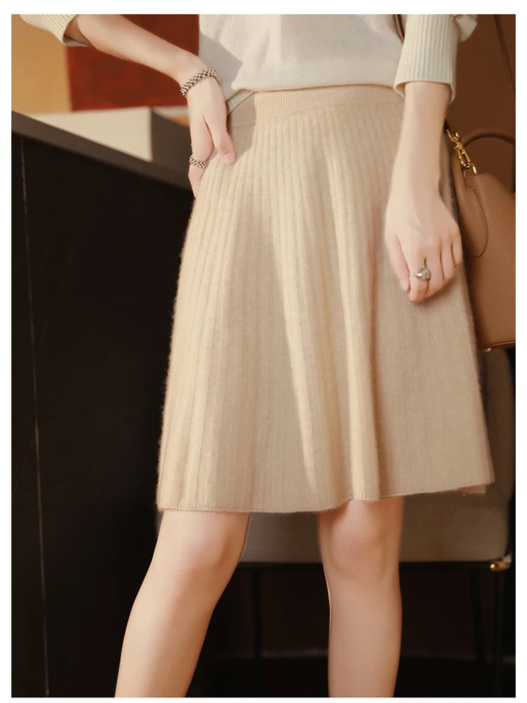 Fustă elegantă pentru femei, 100% lână, tricotată, modă coreeană, solidă, casual, linie A, plisată, scurtă, primăvară șic, talie înaltă, fustă