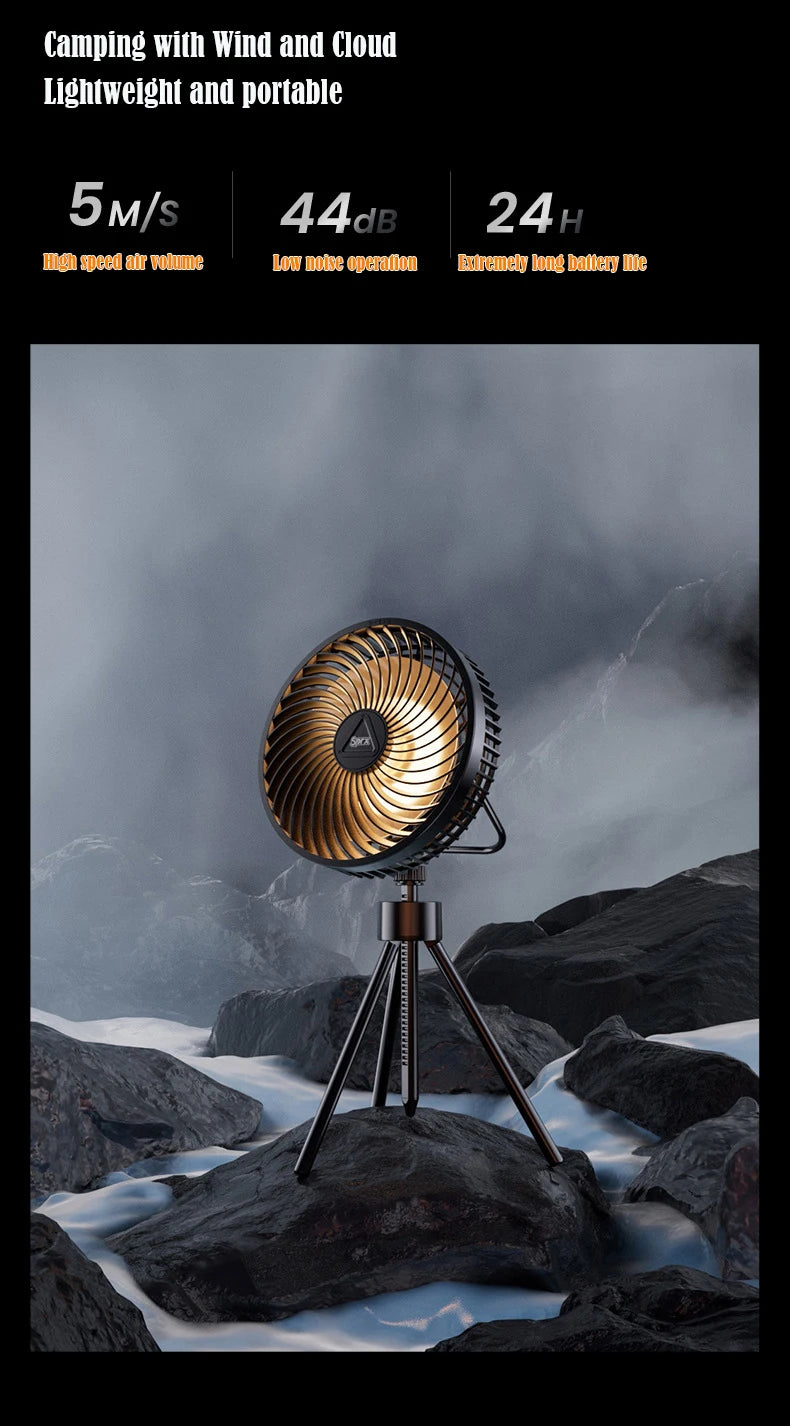 12000mAh Tripod Camping Fan Rechargeable Desktop Portable Circulator Wireless Ceiling Electric Fan with Power Bank LED Lighting