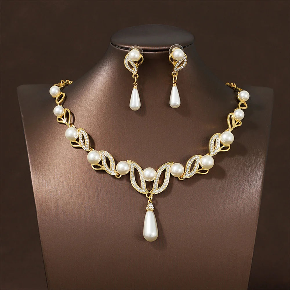 Elegant Women Jewelry Necklace Earring Set Leaf-Shaped Long Teardrop Pearl Crystal Pendant Wedding Party Jewelry Accessories