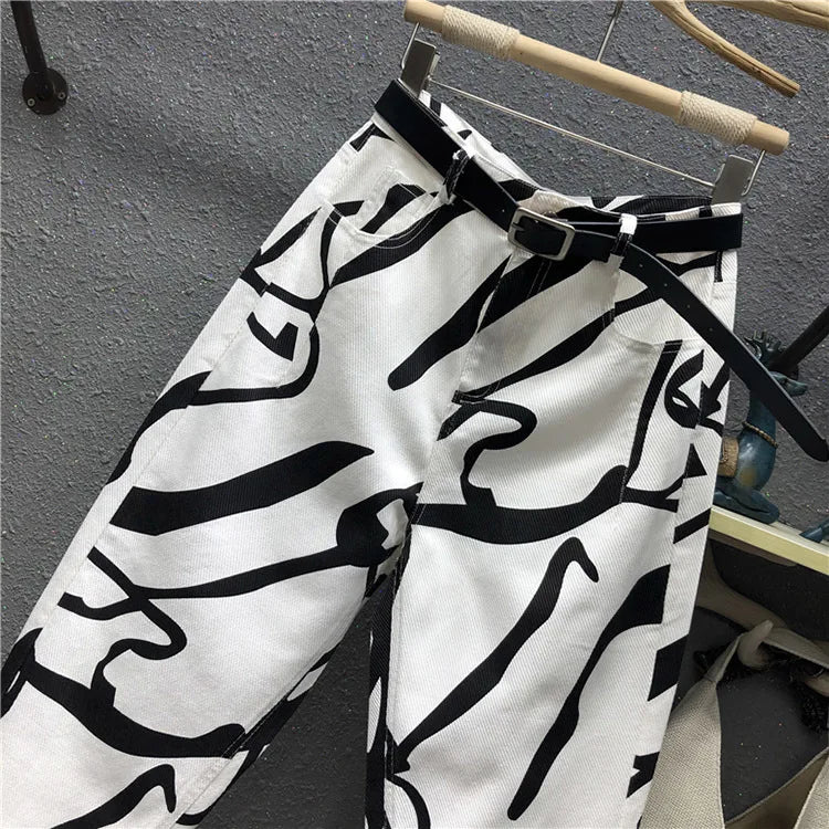 Damen Jeans 2025 - Streetwear Fashion Graffiti Print High Waist Washed Loose Straight