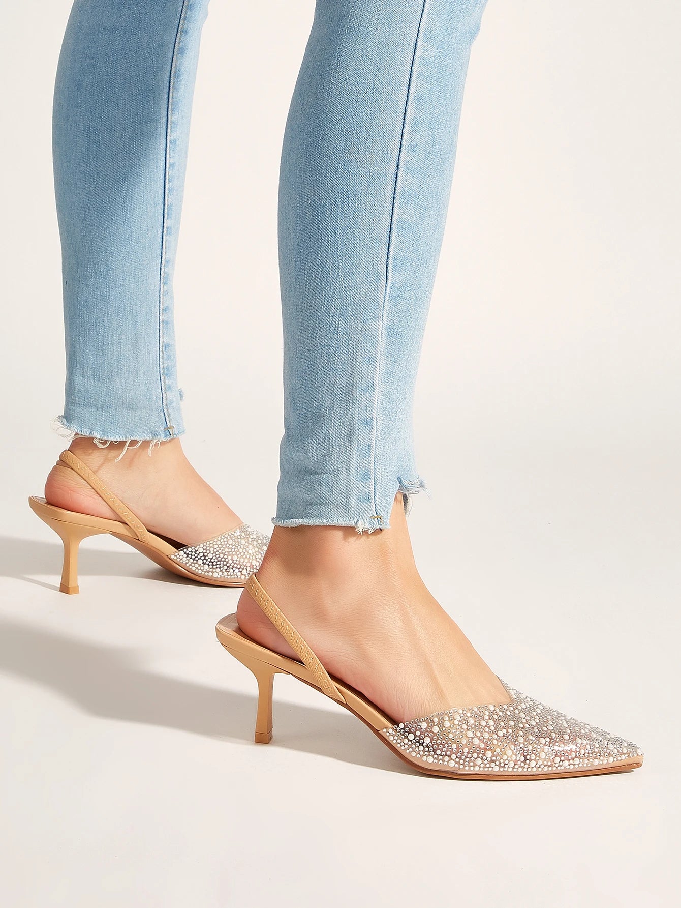 Glamorous Women's Heeled Sandals Translucent Faux Pearls Decor Slingback Stiletto Comfy Lightweight Prom Heels Summer