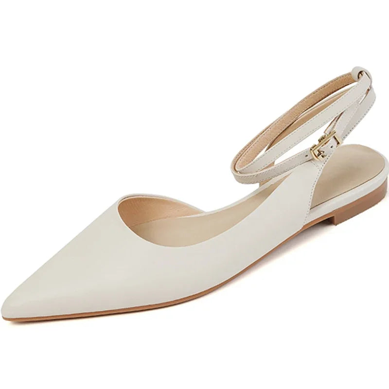 New 2025 Summer Trend Women Sandals Genuine Leather Slingbacks Closed Pointed Toe Apricot Beige Flat Shoes Ankle Strap Ladies