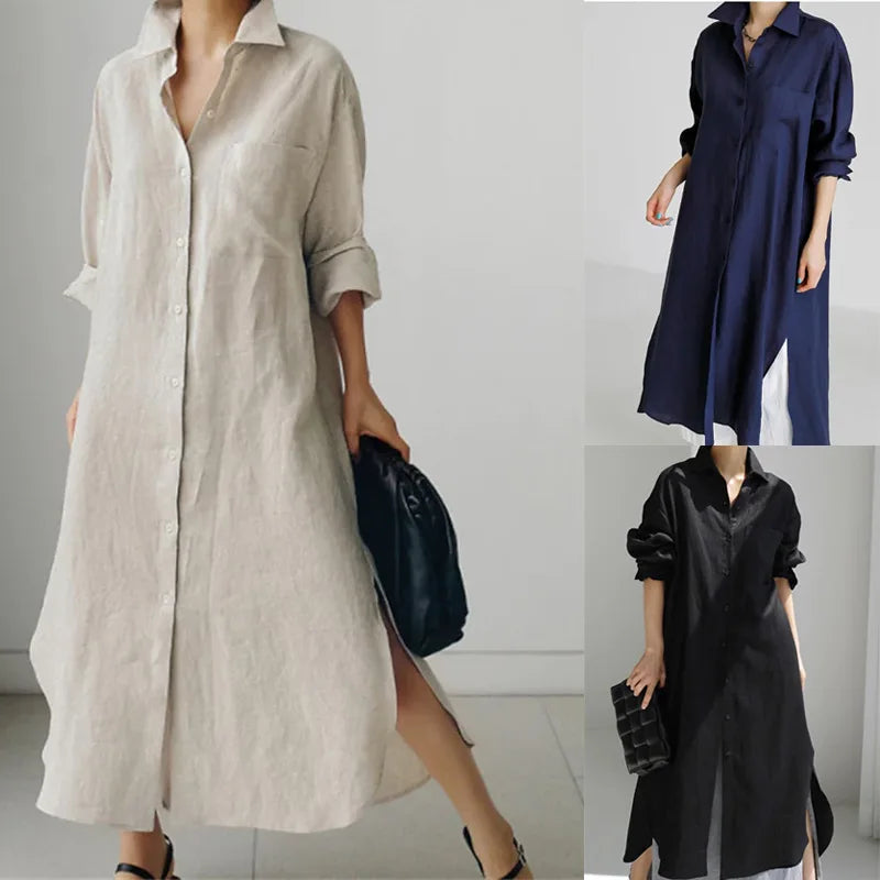 Elegant Women Shirts Dress Spring Fashion V-neck Long Sleeve Cotton Linen Maxi Dresses Ladies Casual Holiday Vestidos 2024 Robes