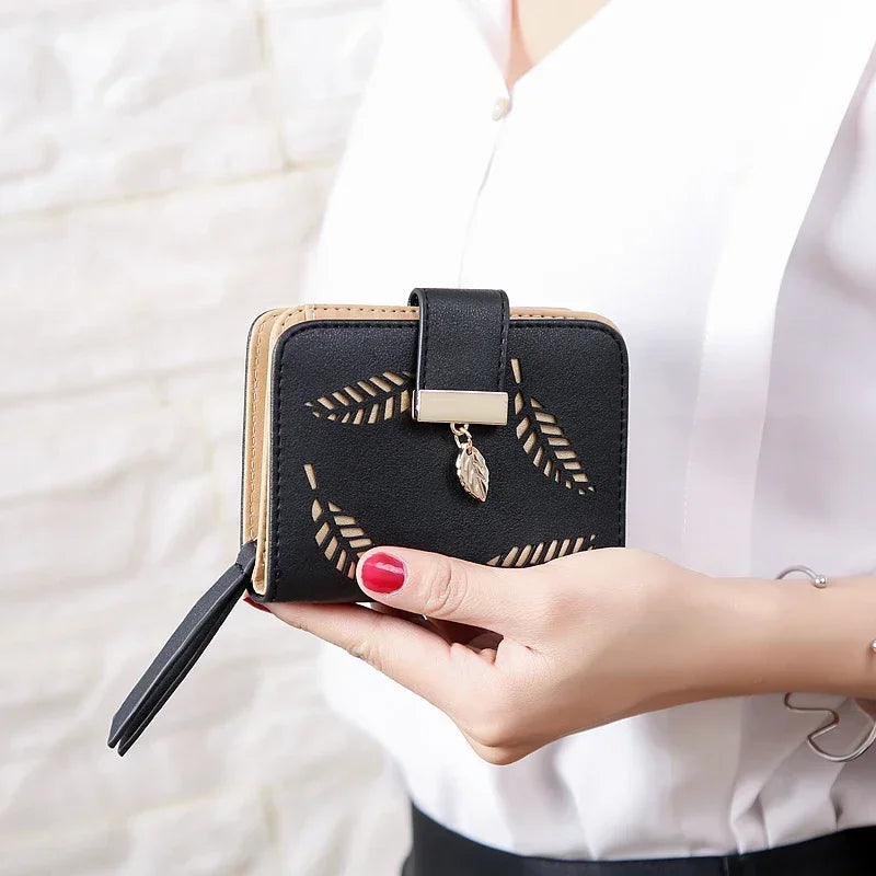 Luxus Frauen Geldbörse Leder Portemonnaie Kurz Reißverschluss Clutch Tasche Klein Ausgehöhlt Blätter Design Mode Marke Geldbörsen