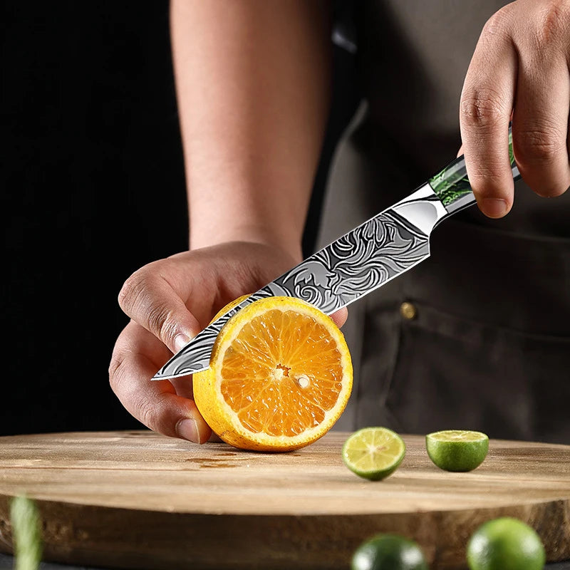 Super Sharp Damascus Pattern Kitchen Knife Set High Quality Chef Santoku Boning Paring Knife Series Green Resin Handle Nice Gift