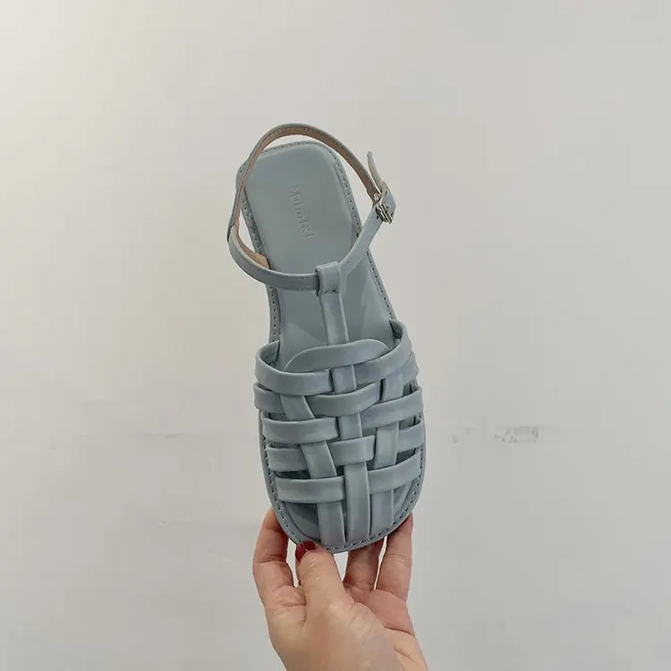 Frauen Flach Römisch Sandalen Sommer Neu Casual Runder Kopf Leicht Rutschfest Gewebt Schuhe Sommer Einfarbig Schnalle Hausschuhe