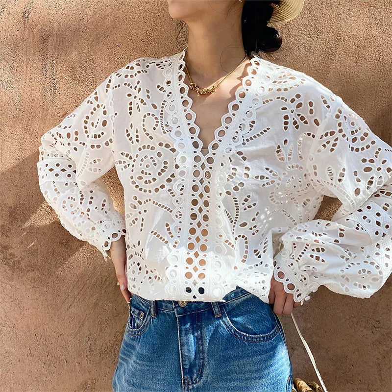 Floral Eyelet Embroidery White Blouse Women's Long Sleeve V-Neck Casual Cotton Shirt 2025 Spring/Summer New in Holiday Clothes